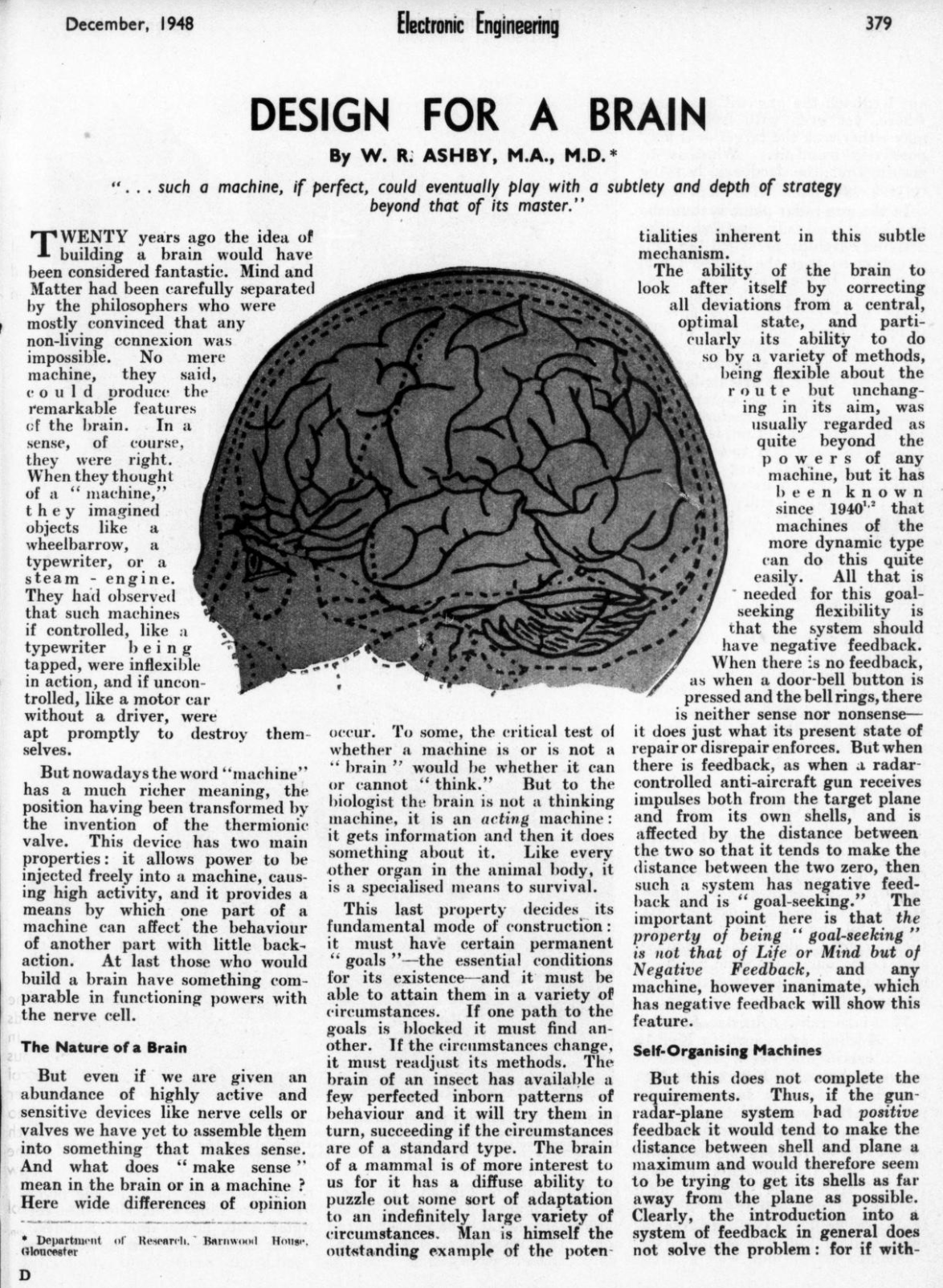 Primary-source scan of the opening page of W. Ross Ashby's article 'Design for a Brain' in Electronic Engineering, December 1948, page 379. Two columns of body text wrap around a stylized line drawing of a human brain in lateral view. Article header reads 'DESIGN FOR A BRAIN / By W. R. ASHBY, M.A., M.D.' with epigraph '...such a machine, if perfect, could eventually play with a subtlety and depth of strategy beyond that of its master.' Section headings include 'The Nature of a Brain' and 'Self-Organising Machines.'