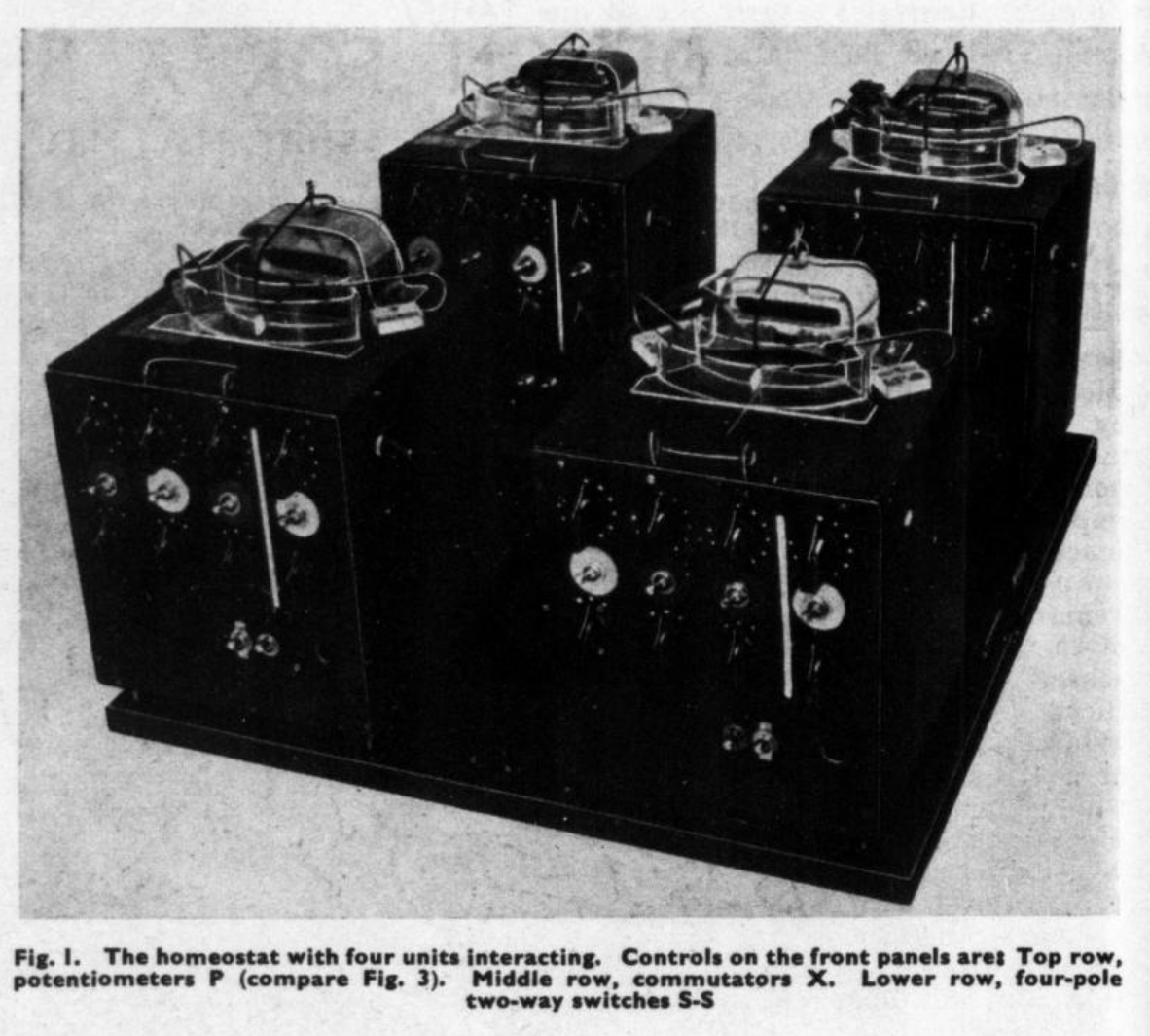 Primary-source photograph from W. Ross Ashby's 1948 'Design for a Brain' article. Four identical black cubic metallic units arranged in a square, each topped by a mechanical assembly with a tilting magnet armature suspended over a small trough of conductive liquid. Each unit's front panel carries three rows of controls: top row potentiometers (P), middle row commutators (X), and bottom row four-pole two-way switches (S-S). Wires interconnect the four units. Caption reads: 'Fig. 1. The homeostat with four units interacting. Controls on the front panels are: Top row, potentiometers P (compare Fig. 3). Middle row, commutators X. Lower row, four-pole two-way switches S-S.'