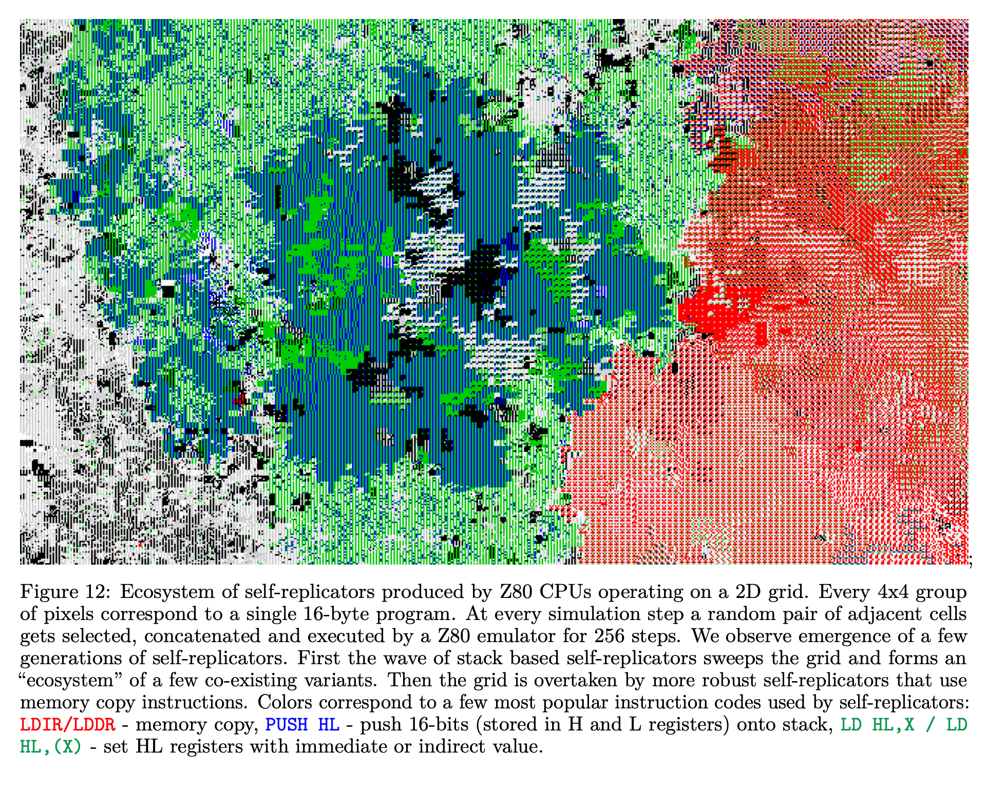Primary-source screenshot of Figure 12 from Computational Life, showing an ecosystem of self-replicators produced by Z80 CPUs operating on a 2D grid.